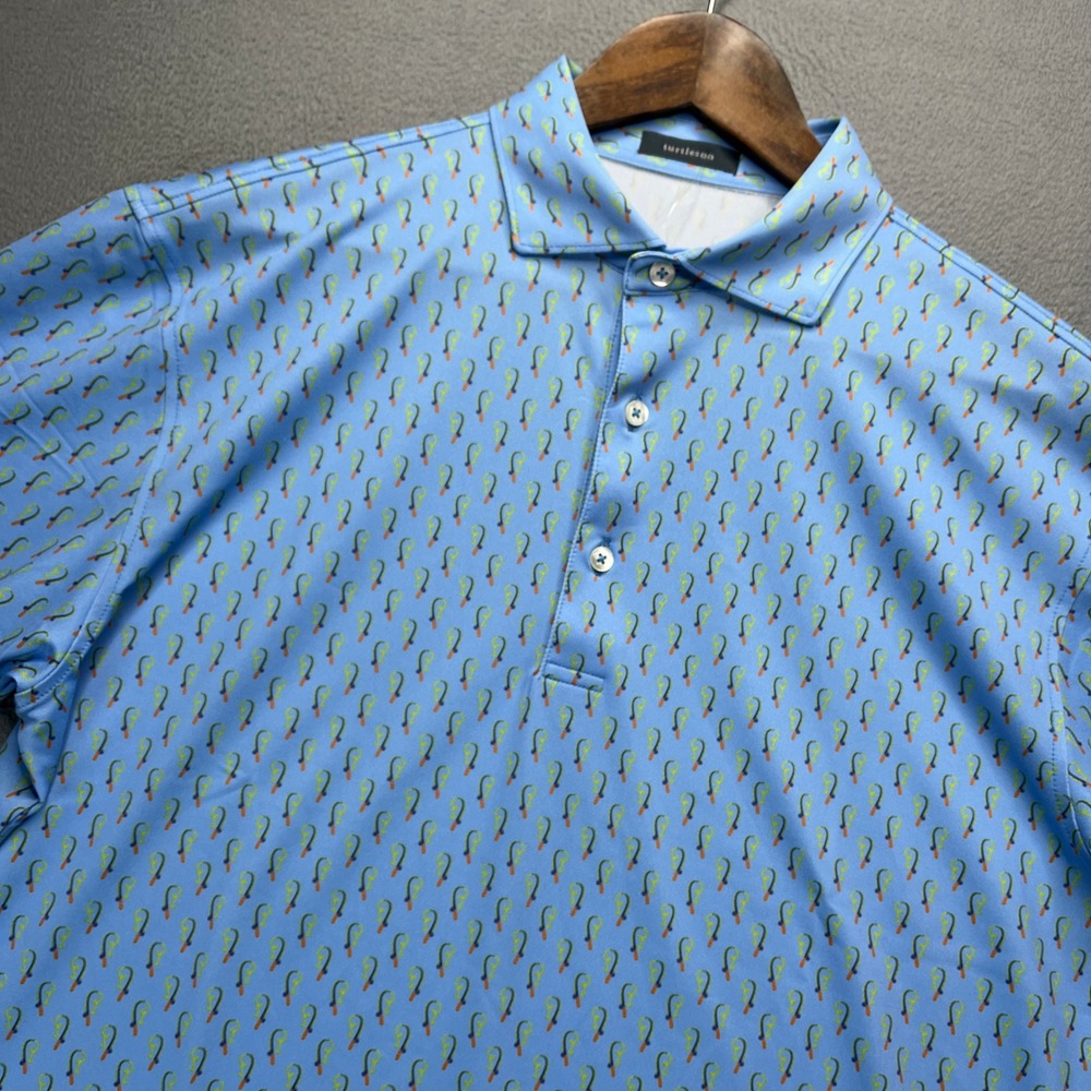 Turtleson Fishing Lure Print Polo Shirt Mens XL Blue Performance Golf Short Slv